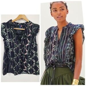 Pilcro Anthropologie XS Ruffle Sleeve Metallic Stripe Cotton Blouse artsy ruffle